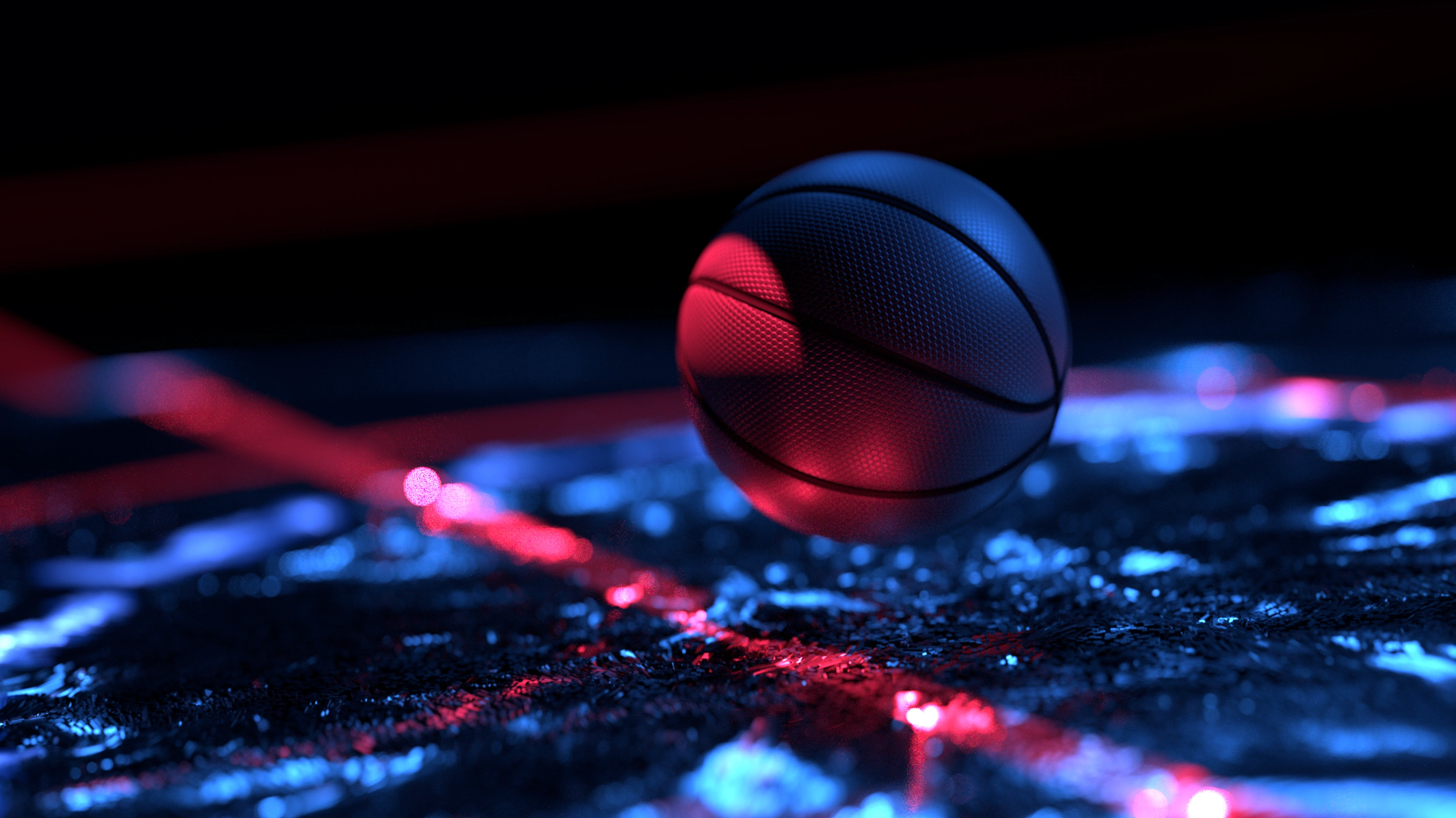 Moody 3D visual of a basketball striking a field of particles