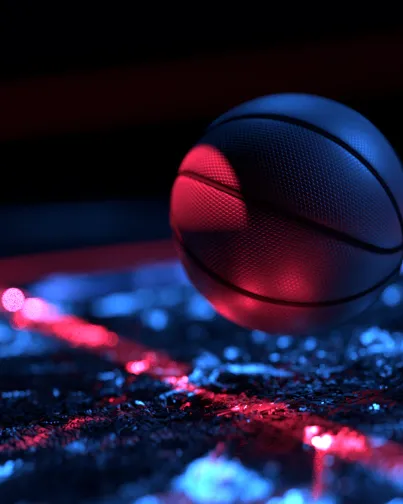 Moody 3D visual of a basketball striking a field of particles