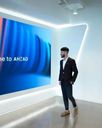 A person in a suit walking in front of the AHEAD Welcome Wall