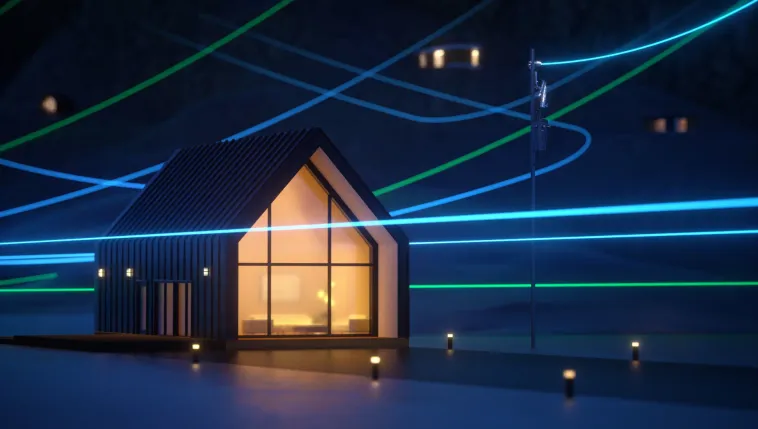 A modern house with large, glowing windows sits in a dark night scene, highlighted by streaks of blue and green neon lights, creating a cozy yet futuristic vibe.
