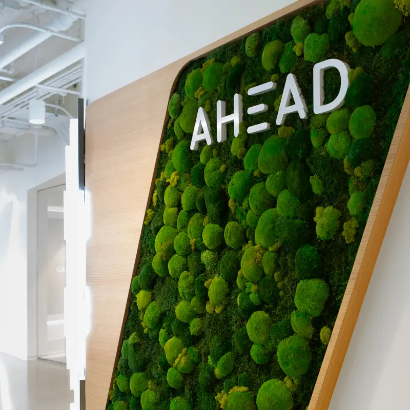 Moss wall inlaid in wood with the AHEAD logo